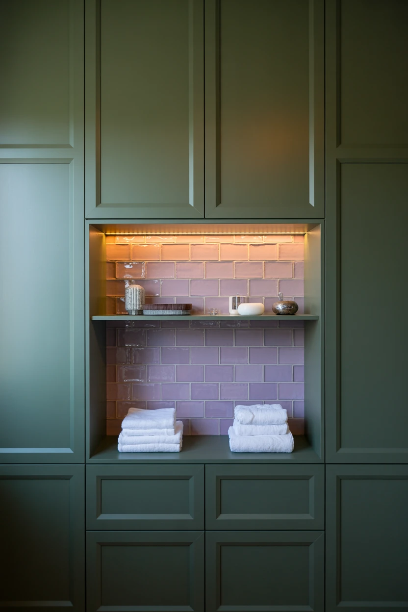 Deep Green Cabinetry with a Lilac Backsplash