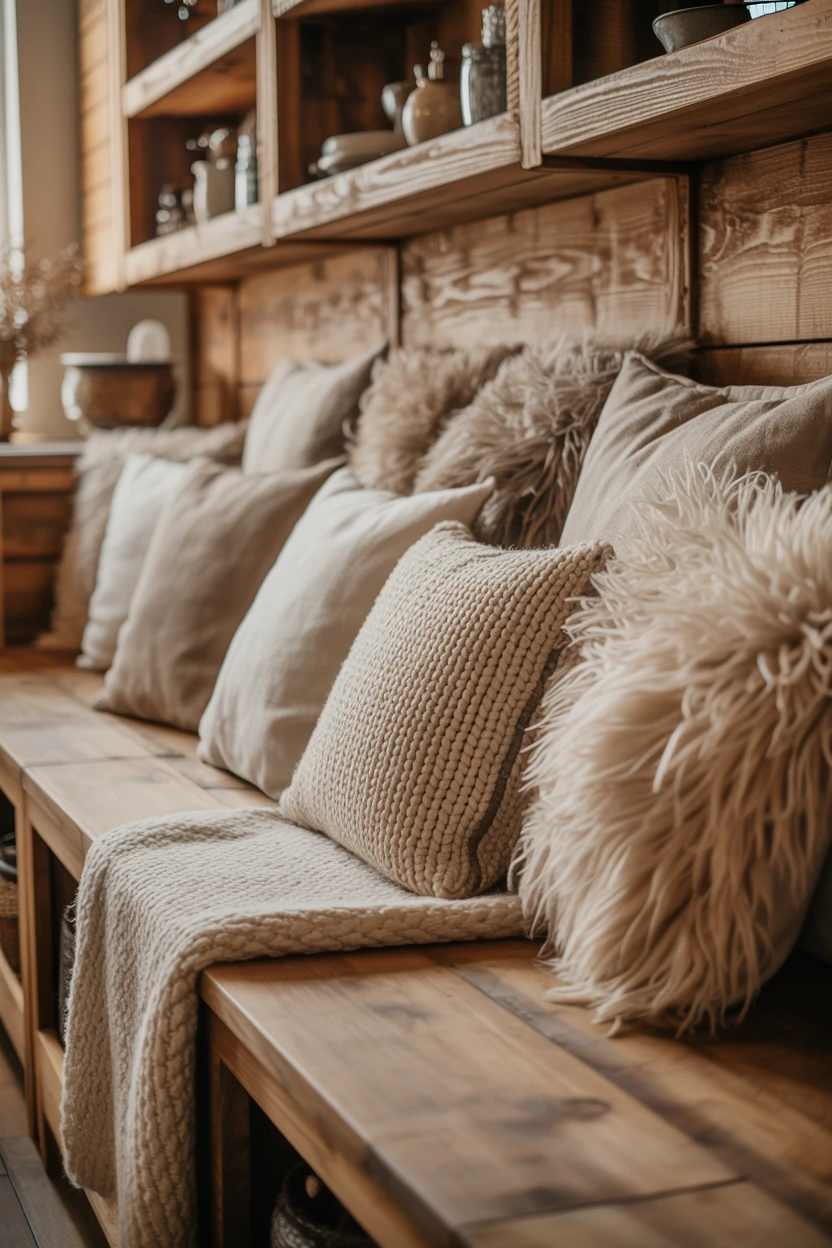 All-Wood Banquette with Layers of Soft Textiles