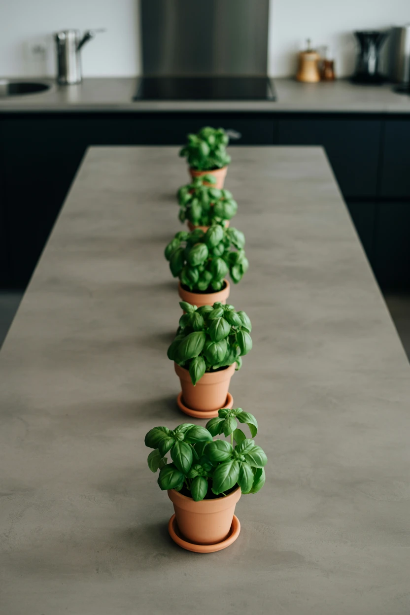 Line Up Three Identical Potted Herbs in Minimalist Planters