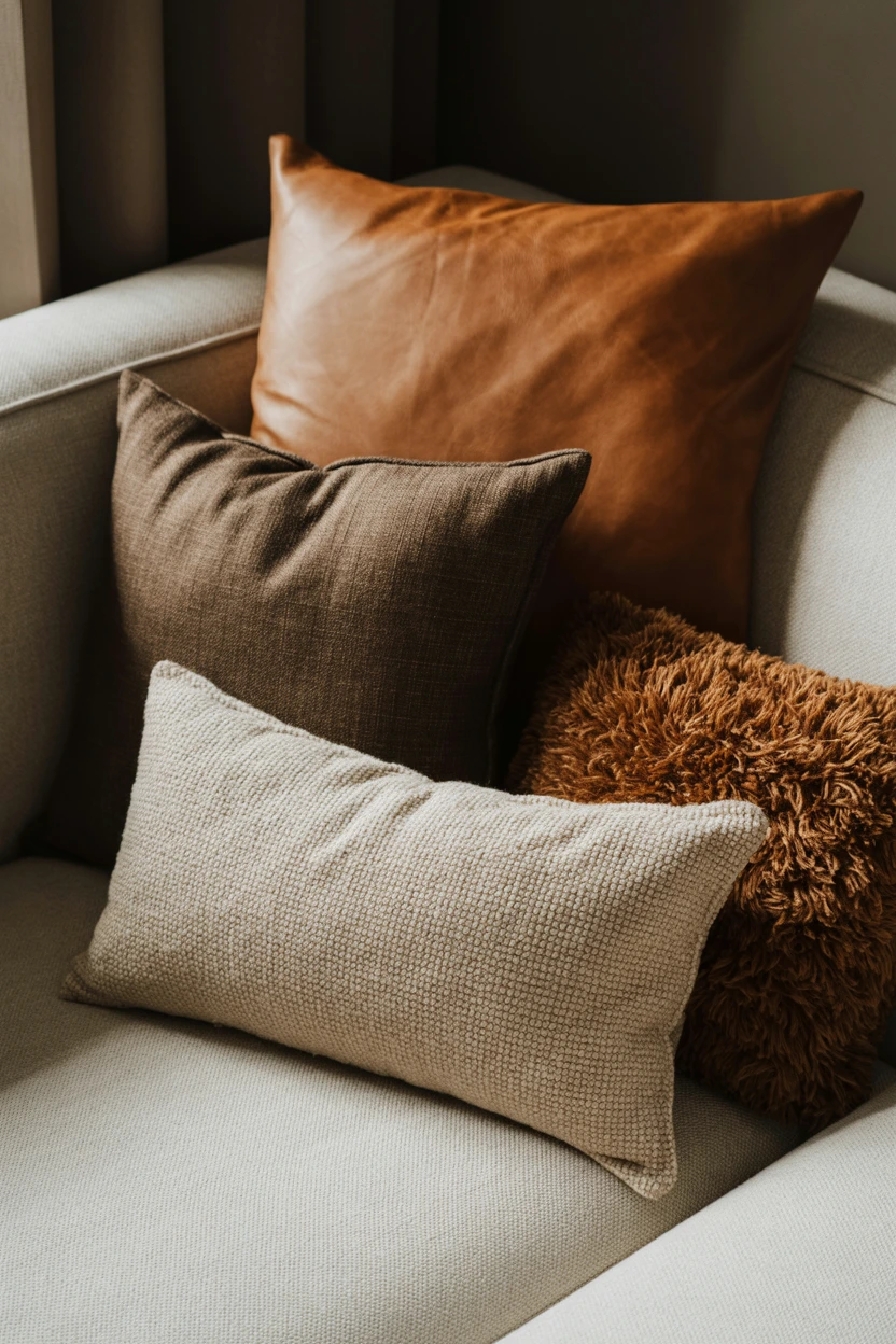Layer Throw Pillows in a Mix of Brown-Toned Textures