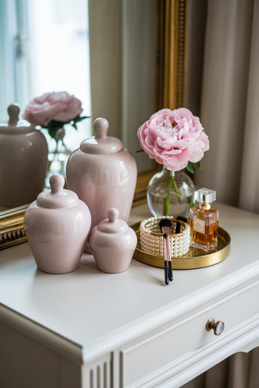Style a Vanity with Pink Ginger Jars and Gold Accents