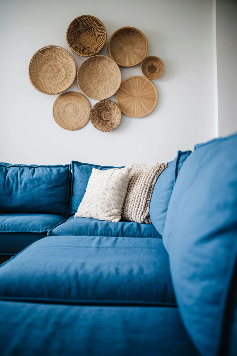 Deep Blue Sectional with Woven Wall Baskets