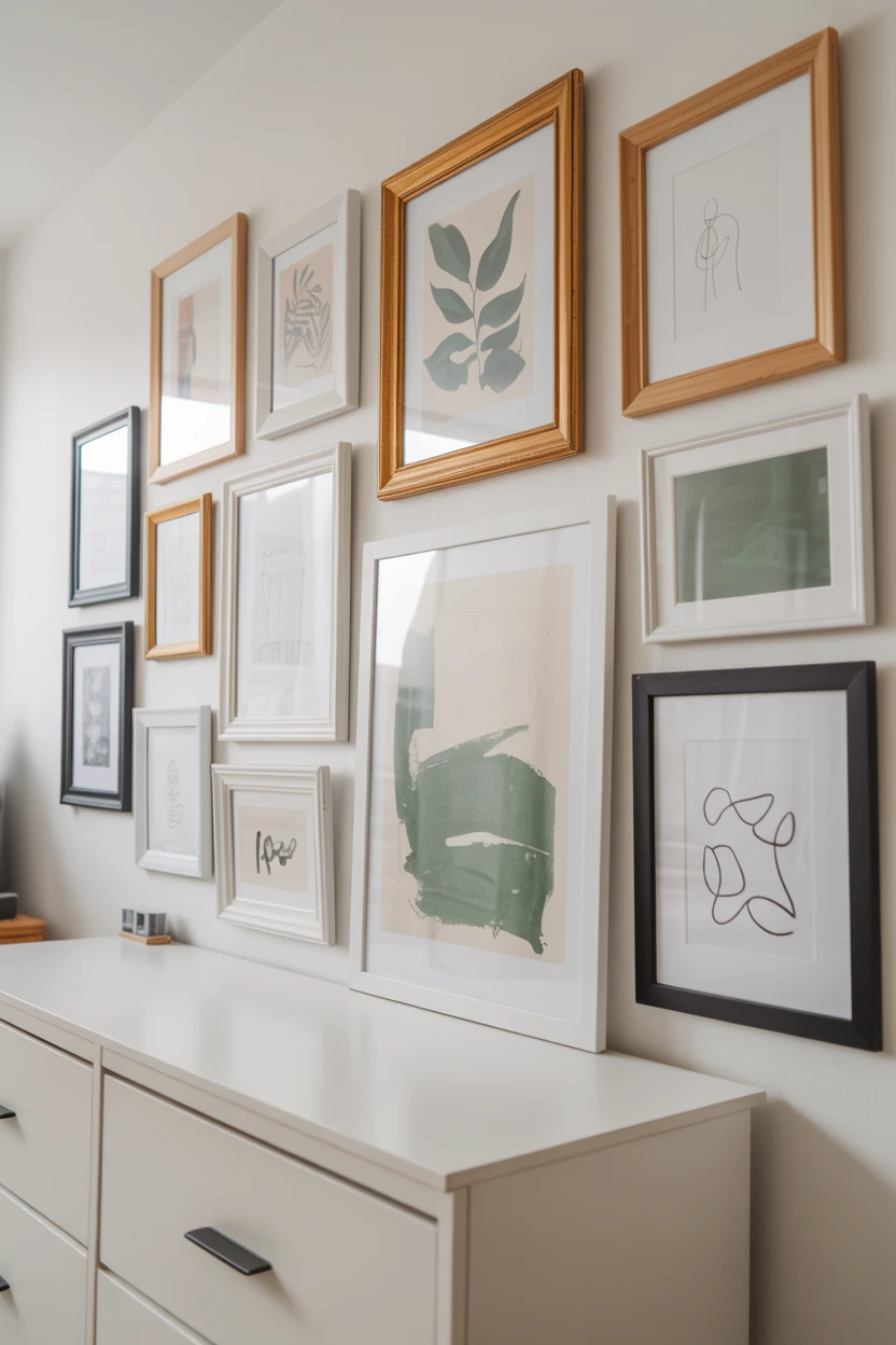Gallery Wall with Green and White Art