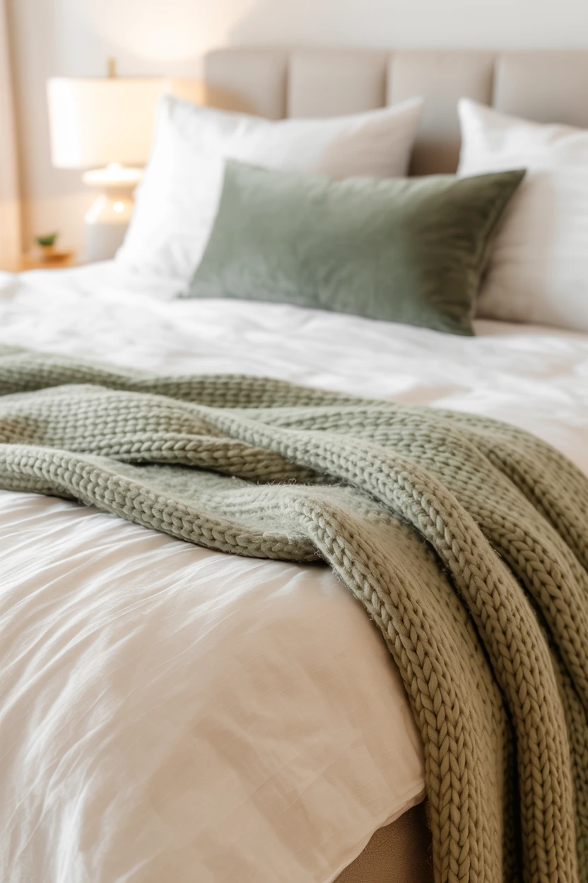 Layered White Bedding with Sage Textiles
