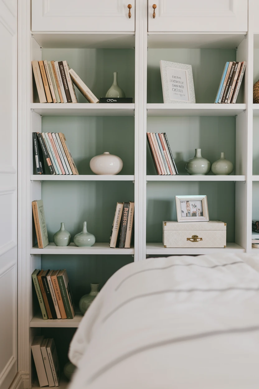 Built-in Shelving with Sage Decor