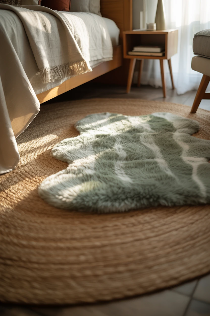 Layered Rugs in Sage and Neutral Tones