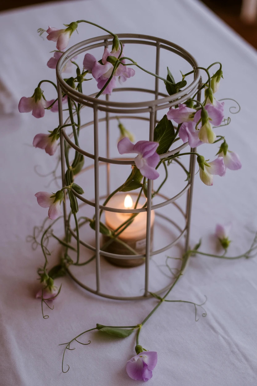 A Tangle of Sweet Peas on a Trellis Stand
