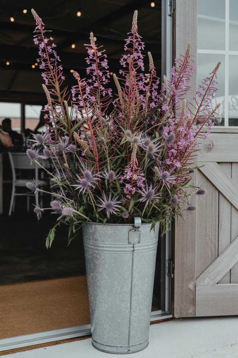 Fireweed and Thistle in a Tall Galvanized Bucket