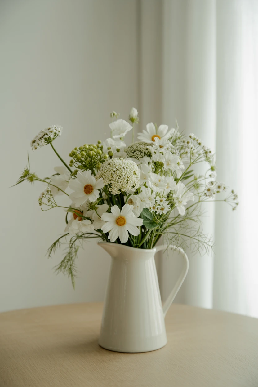 All-White Wildflowers in a Ceramic Pitcher