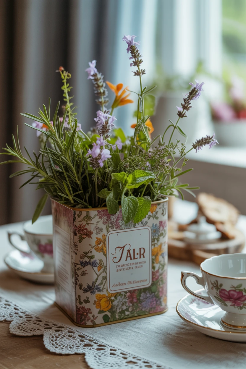 Edible Flowers and Herbs in a Vintage Tea Tin