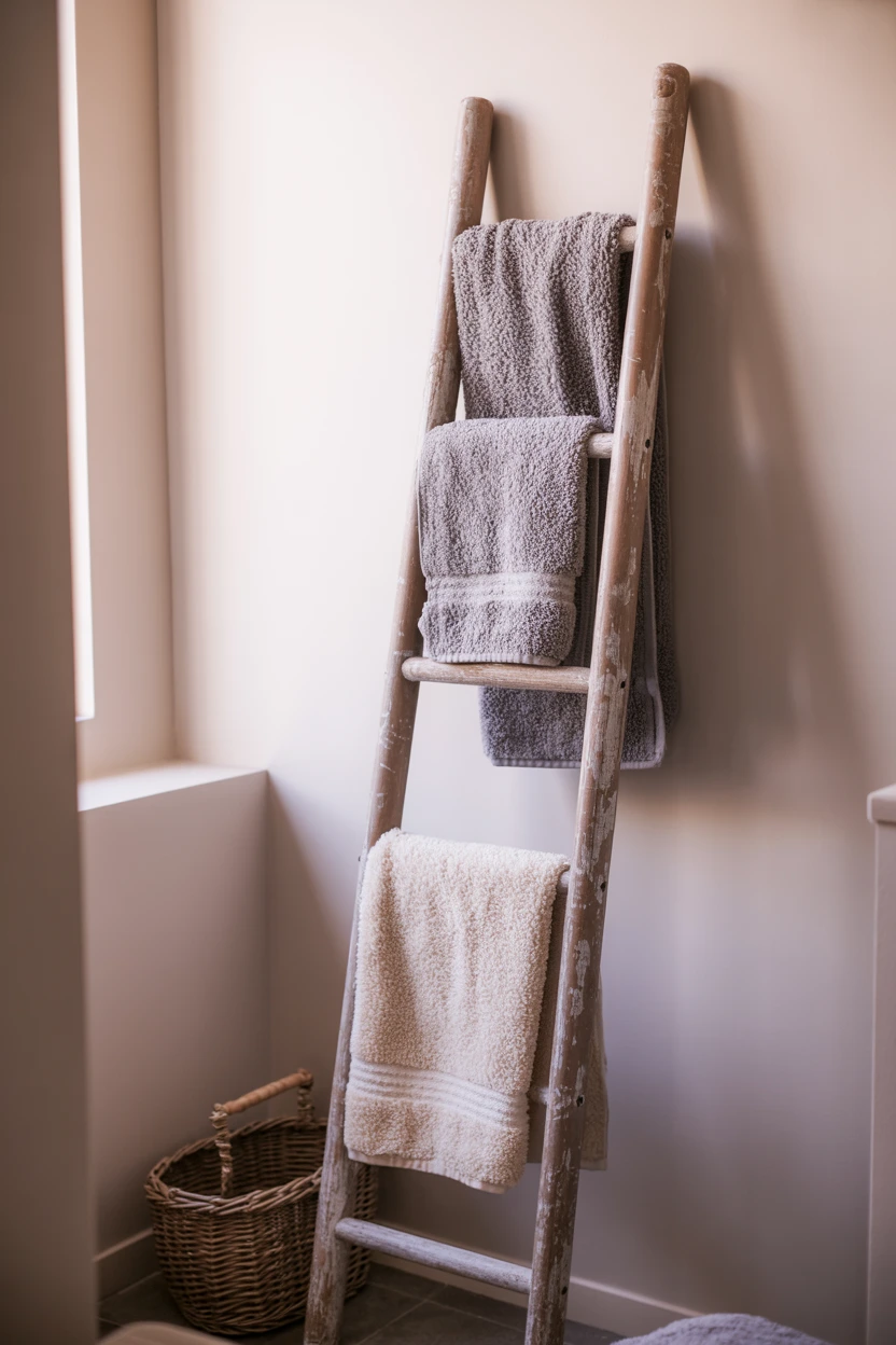 Lean a Rustic Wooden Ladder for Towel Storage