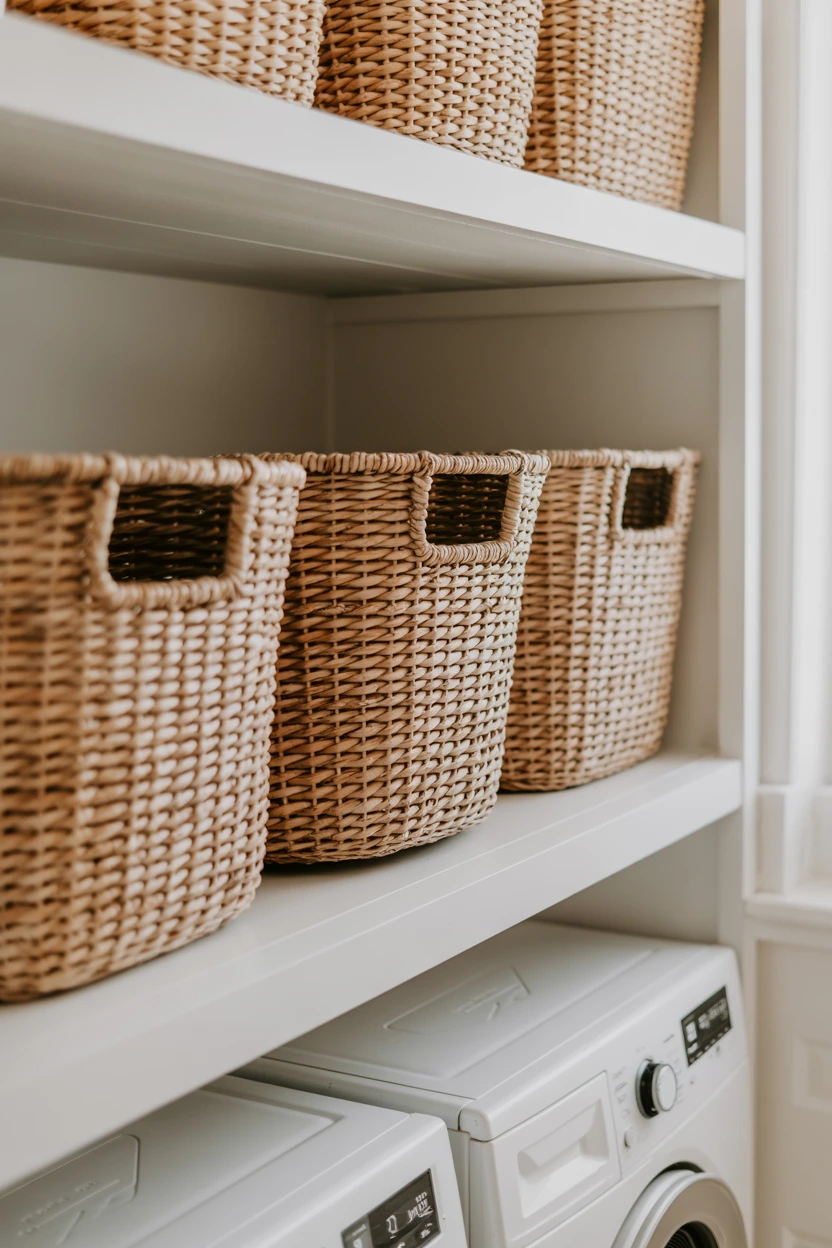 Add Baskets to Open Shelves to Conceal Clutter