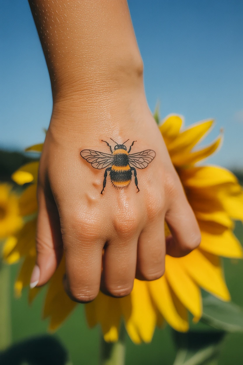 A Tiny Bumblebee with Delicate Wings on the Back of the Hand