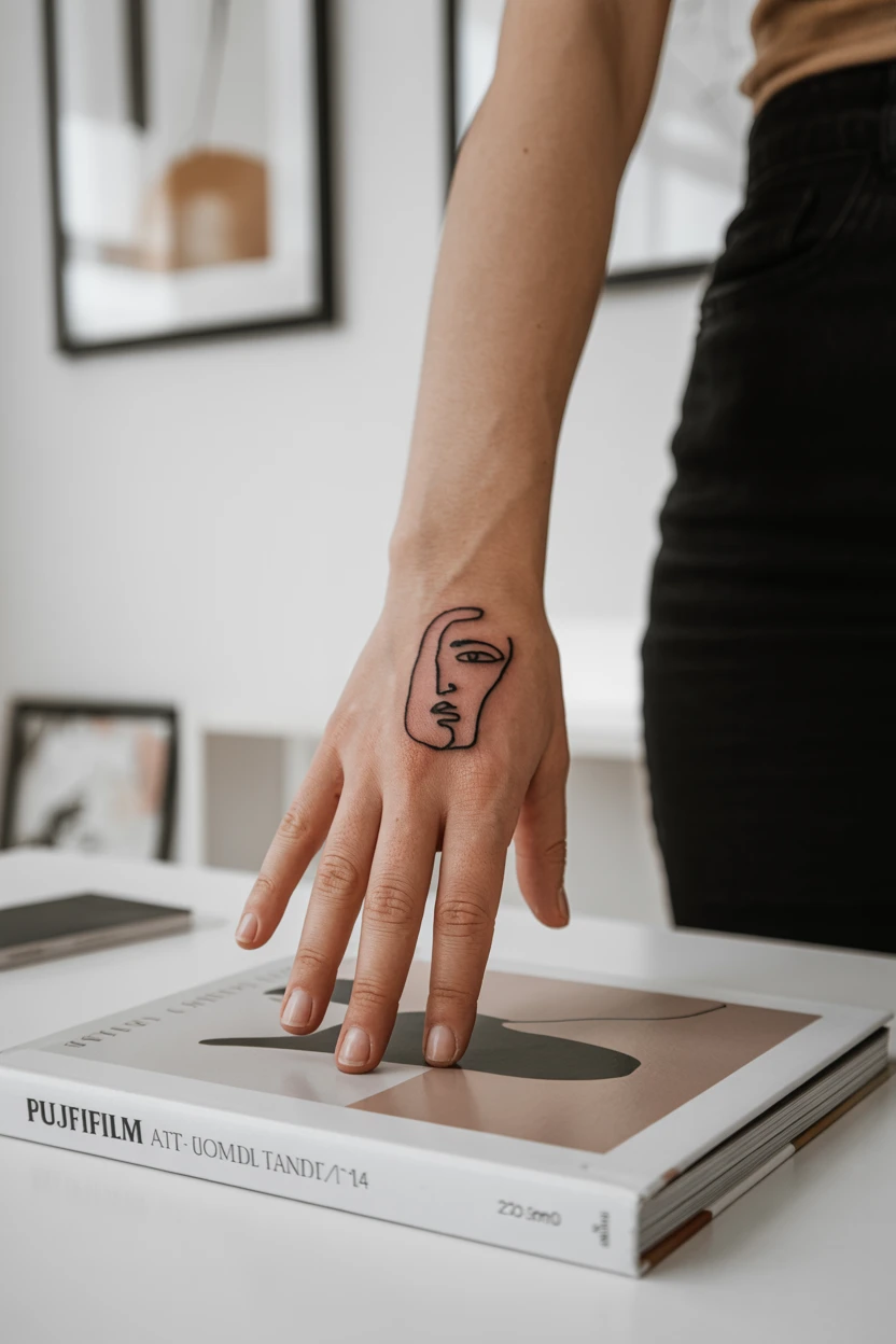 A Continuous Line Abstract Face on the Side of the Hand