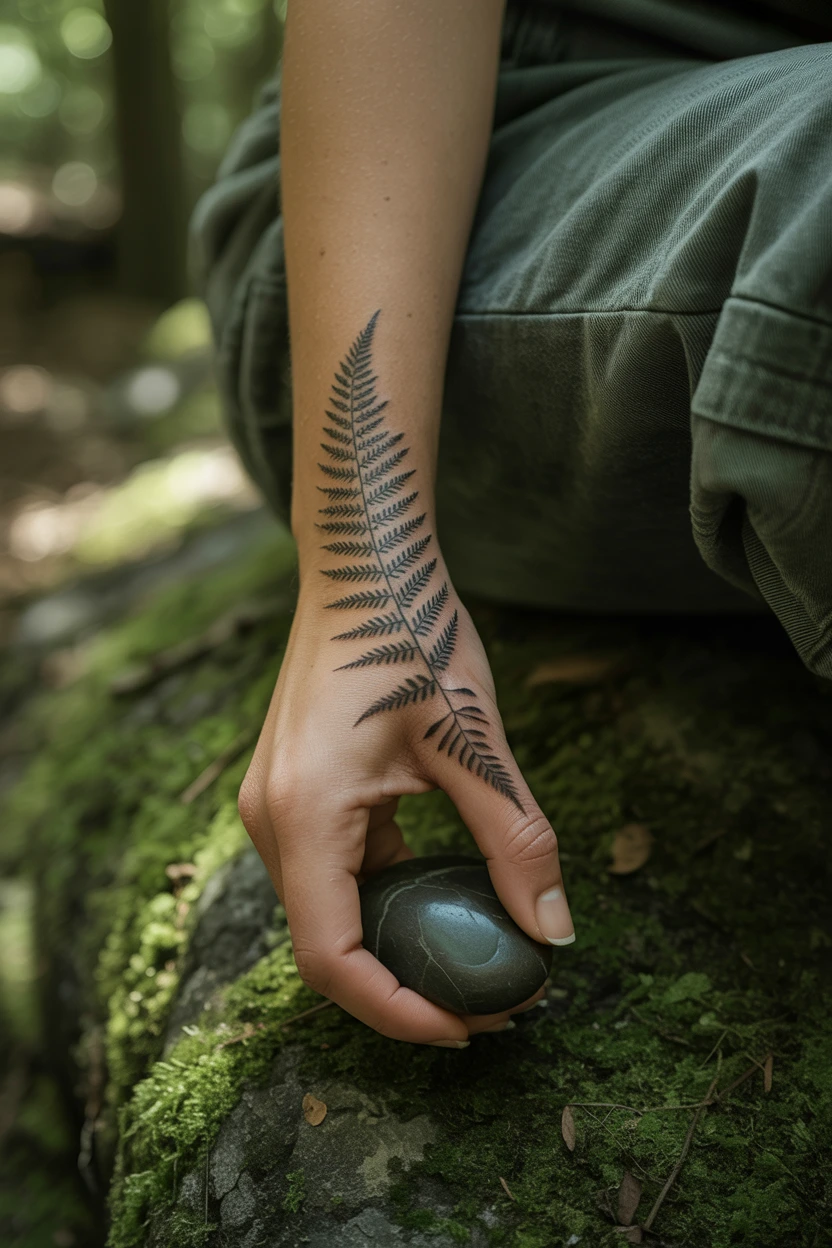 A Delicate Fern Leaf Curving with the Thumb Muscle