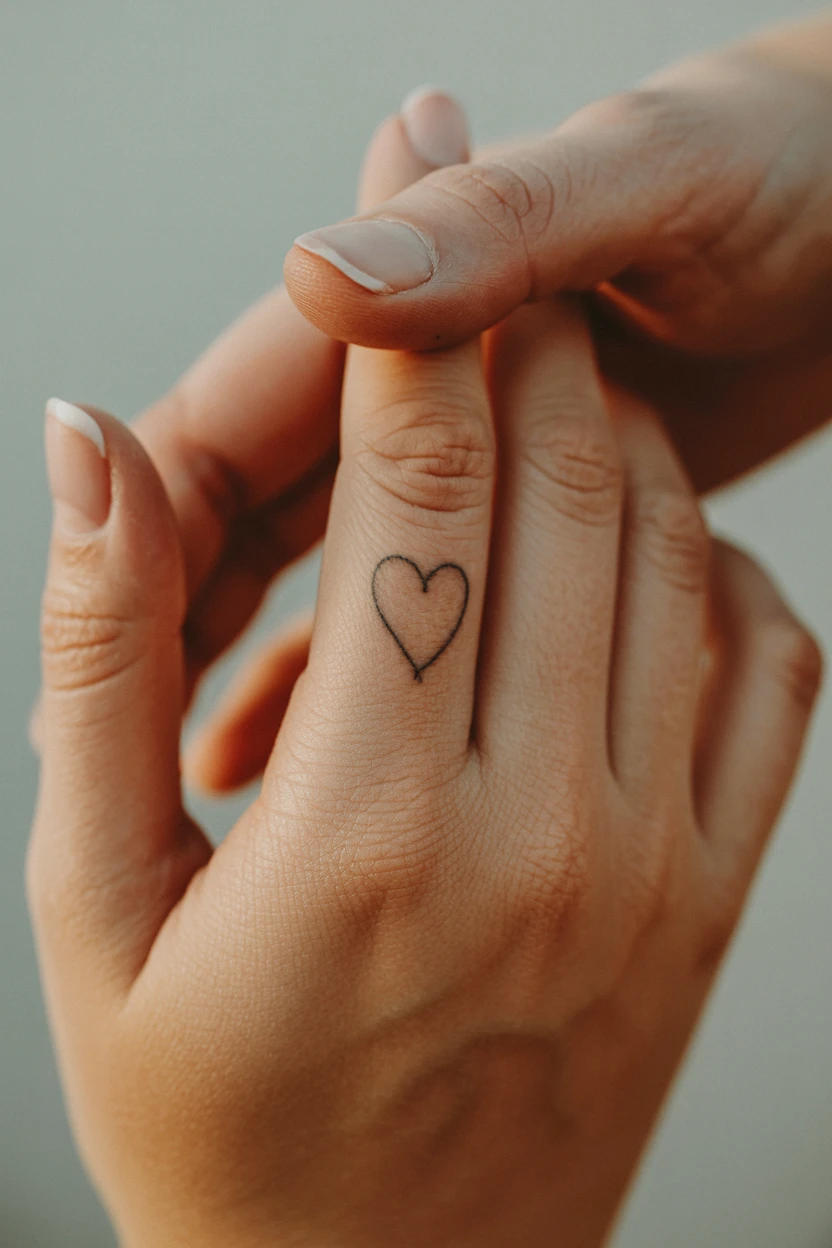 A Single, Fine-Line Heart Outline on the Ring Finger