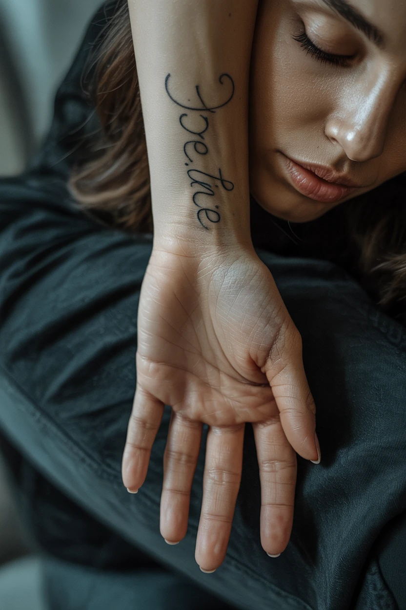 A Single Word in Fine-Line Script Along the Thumb