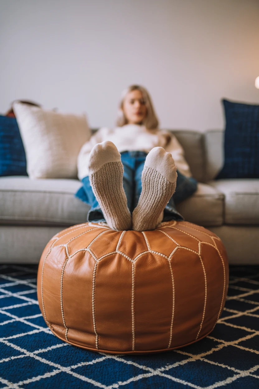 Use a Moroccan Pouf as a Footrest or Extra Seat