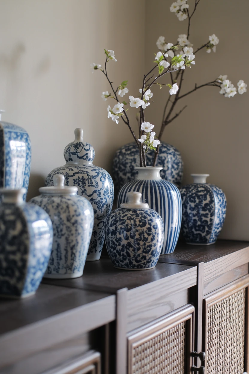 Display a Collection of Blue and White Ceramics