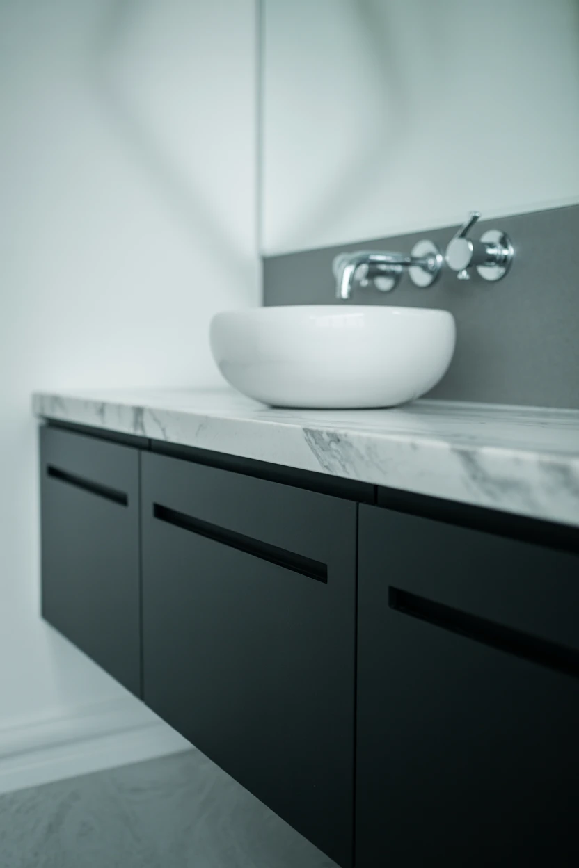 A Black Vanity with a Light Countertop