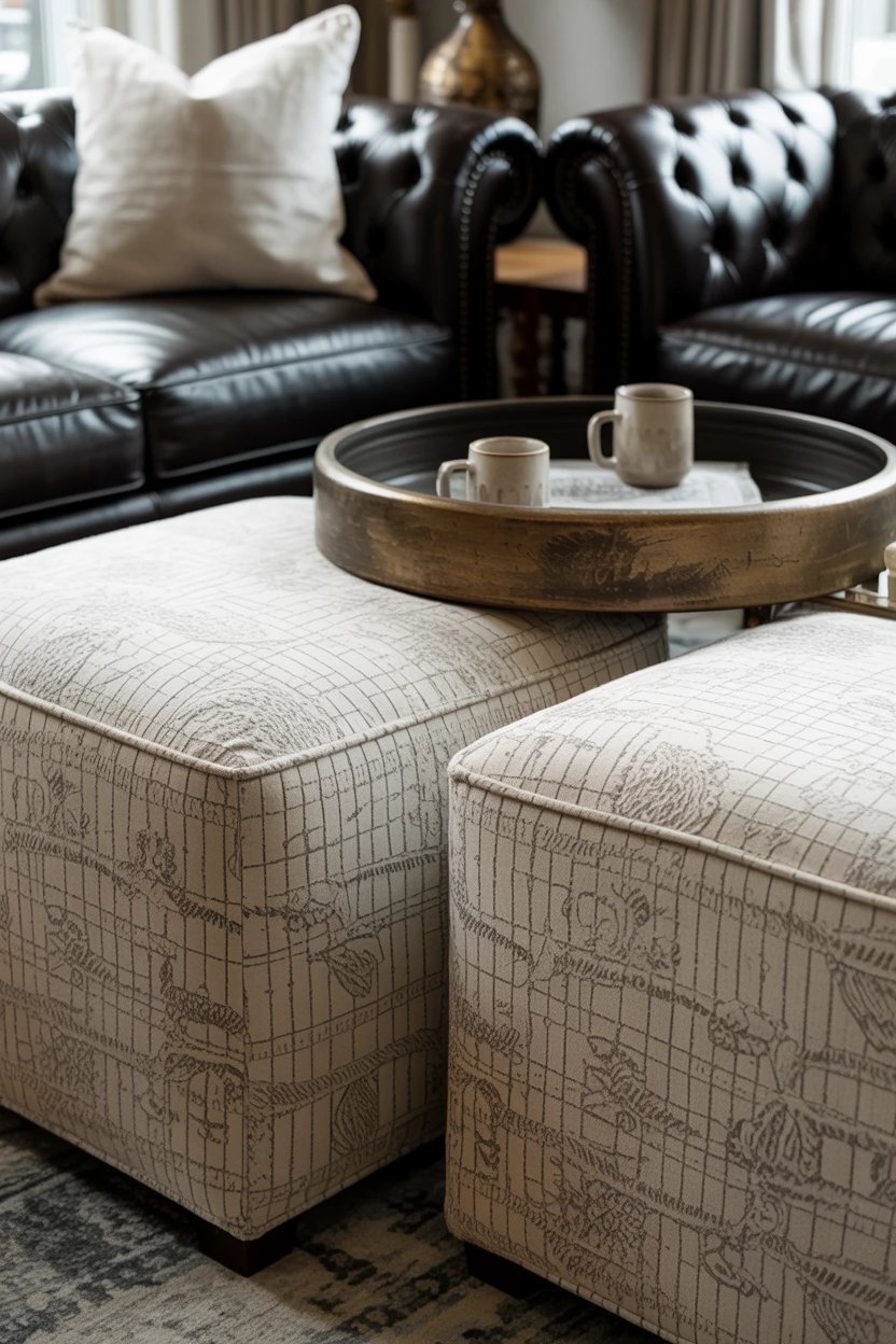 Use a Pair of Upholstered Ottomans as a Coffee Table