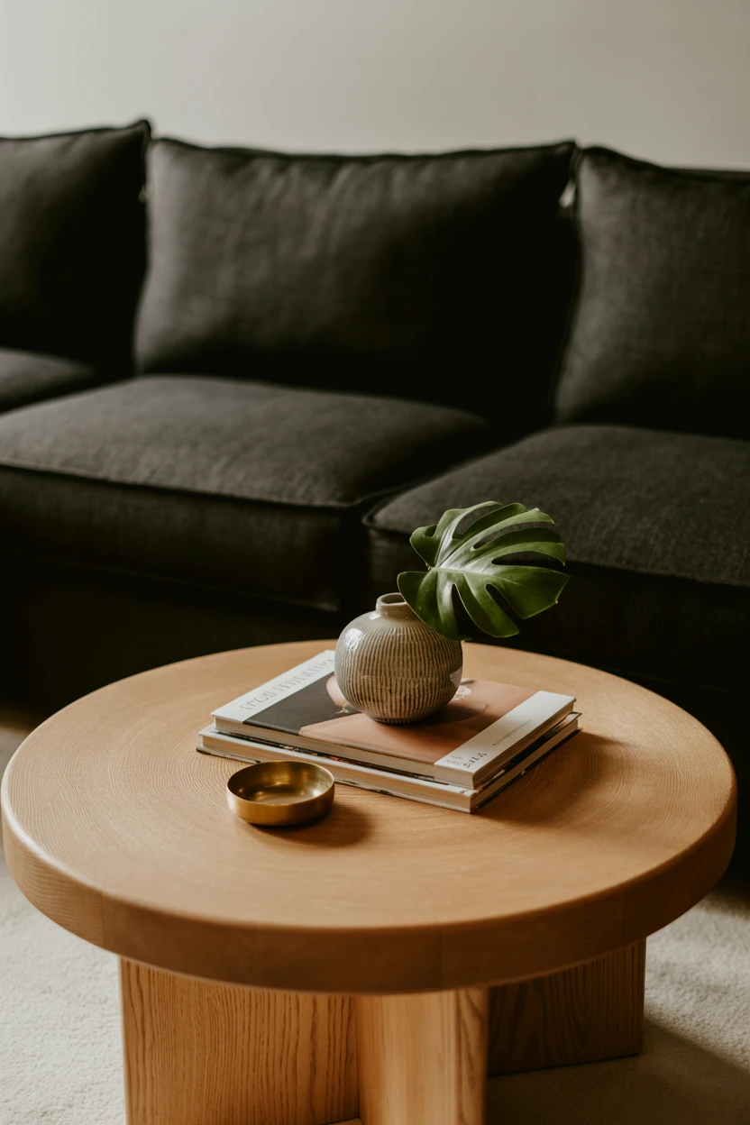 Juxtapose with a Natural Wood Coffee Table